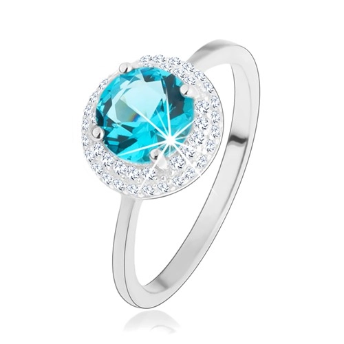Ligotavý prsteň, striebro 925, okrúhly zirkón akvamarínovej farby, číry lem - Veľkosť: 55 mm