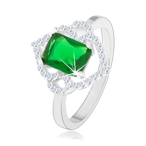 Strieborný prsteň 925, zelený obdĺžnikový zirkón, číre obrysy lístkov, oblúčiky - Veľkosť: 52 mm