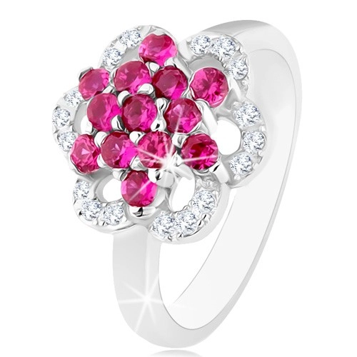 Ligotavý prsteň, striebro 925, lesklé ramená, kvet z ružových a čírych zirkónov - Veľkosť: 54 mm