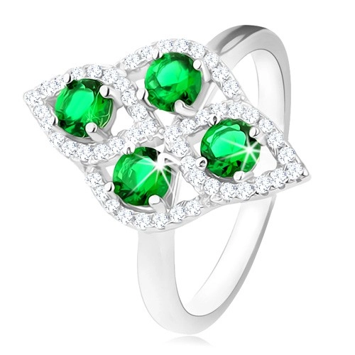 Strieborný prsteň 925, oblý kosoštvorec, štyri okrúhle zelené zirkóny, číry lem - Veľkosť: 54 mm