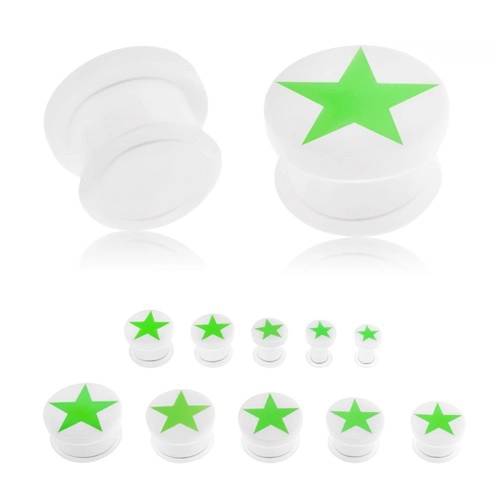Plug do ucha z akrylu bielej farby, zelená päťcípa hviezda žiariaca v tme, gumička - Hrúbka: 20 mm