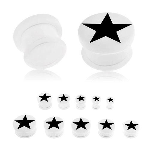 Akrylový plug bielej farby do ucha, čierna päťcípa hviezda, priehľadná gumička - Hrúbka: 8 mm