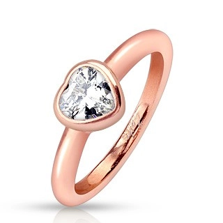 Oceľový prsteň, medený odtieň, zaoblené ramená, číre zirkónové srdce - Veľkosť: 58 mm