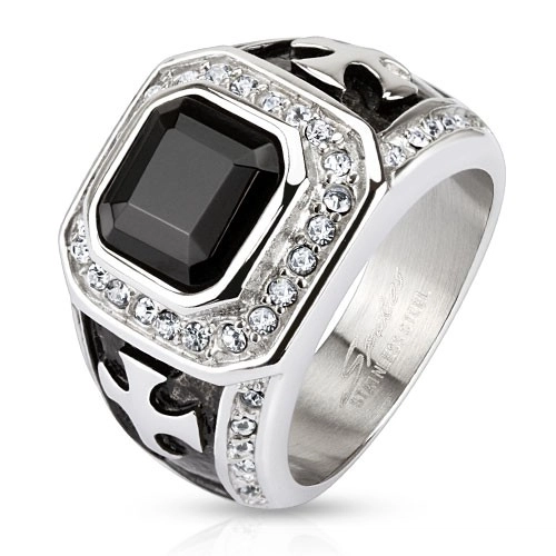 Mohutný prsteň z chirurgickej ocele, čierny zirkónový štvorec, číre línie, kríže - Veľkosť: 70 mm