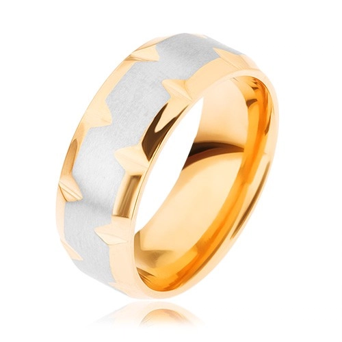 Prsteň z chirurgickej ocele, dvojfarebný - zlatý a strieborný odtieň, zárezy - Veľkosť: 65 mm
