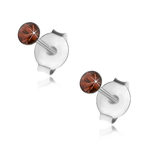 Strieborné 925 náušnice, okrúhly oranžovohnedý krištálik Swarovski, 2,5 mm