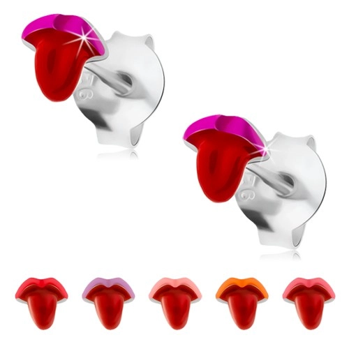 Strieborné náušnice 925, glazúrované ústa s vyplazeným jazykom, puzetky - Farba: Ružová