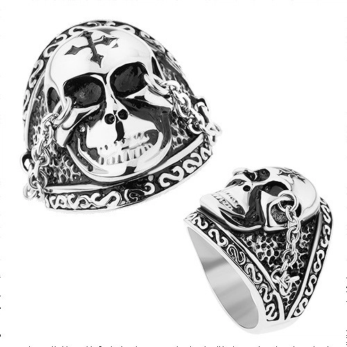 Oceľový prsteň striebornej farby, lesklá lebka s krížom, retiazky, patina - Veľkosť: 65 mm