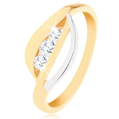 Zlatý prsteň 375 - dvojfarebné zvlnené línie, tri okrúhle zirkóny čírej farby - Veľkosť: 52 mm