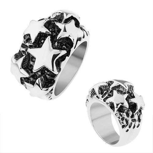 Oceľový prsteň, lesklé vypuklé hviezdy v striebornom odtieni, čierna patina - Veľkosť: 67 mm