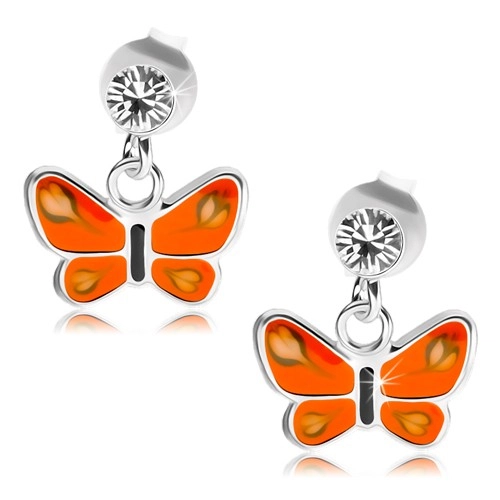 Puzetové náušnice, striebro 925, číry krištáľ, motýľ s oranžovými krídlami