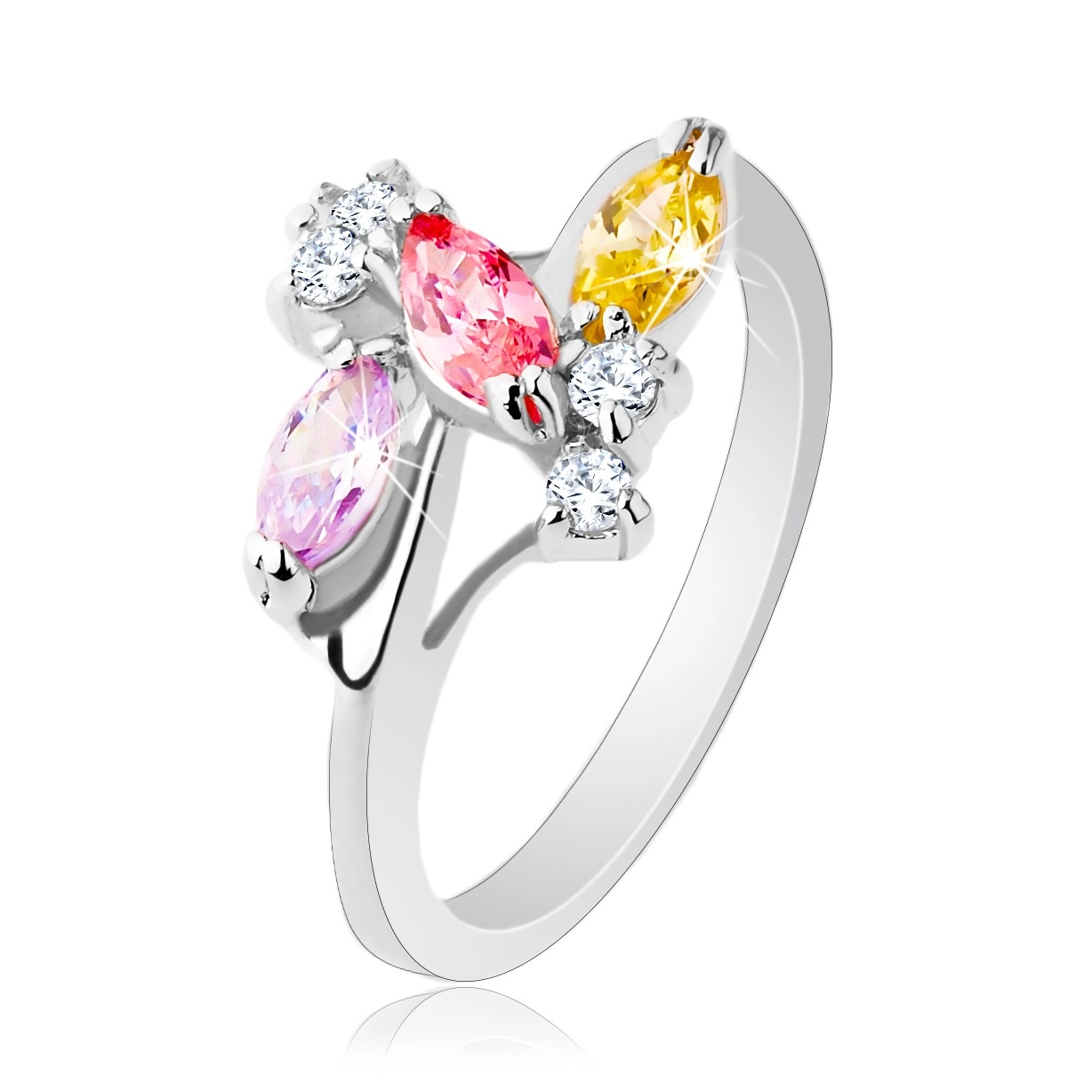 Ligotavý prsteň s lesklými ramenami, strieborná farba, číre a farebné zirkóny - Veľkosť: 60 mm