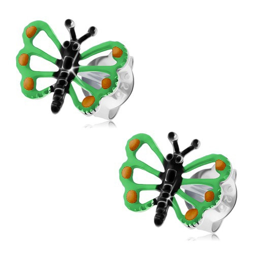 Strieborné náušnice 925 - motýlik so zelenými krídlami a výrezmi