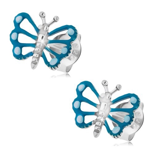 Náušnice zo striebra 925, motýľ s modrými krídlami a lesklým telom