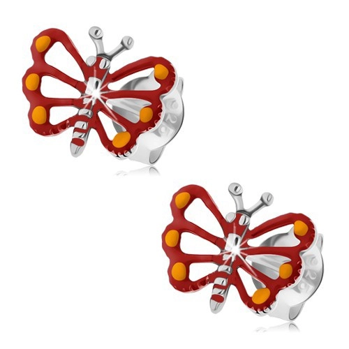 Strieborné náušnice 925, červený motýlik s vyrezávanými krídlami