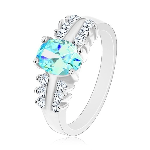 Ligotavý prsteň z ocele, číre zirkónové línie, oválny farebný zirkón - Veľkosť: 55 mm, Farba: Aqua modrá