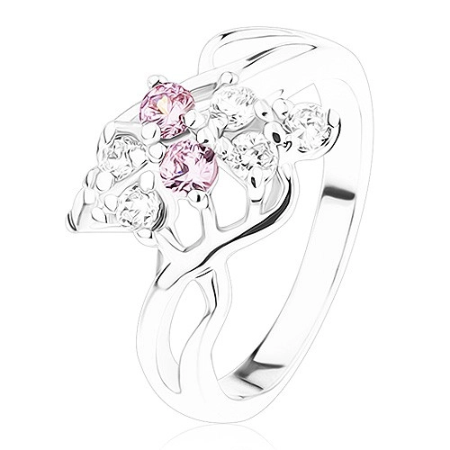 Ligotavý prsteň, strieborná farba, mašlička z ružových a čírych zirkónov - Veľkosť: 60 mm