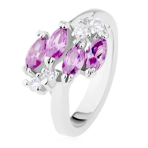 Ligotavý prsteň striebornej farby, fialové zirkónové zrnká, číre zirkóniky - Veľkosť: 49 mm