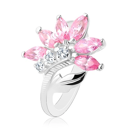 Trblietavý prsteň striebornej farby, ružovo-číry zirkónový kvet, lesklý list - Veľkosť: 49 mm