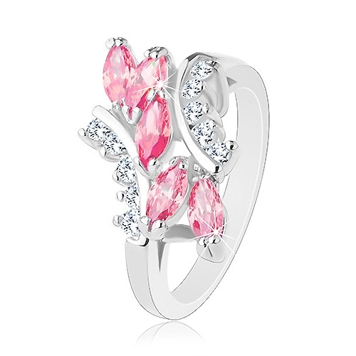 Lesklý prsteň striebornej farby, ružové zirkónové zrnká, číre zirkóniky - Veľkosť: 52 mm