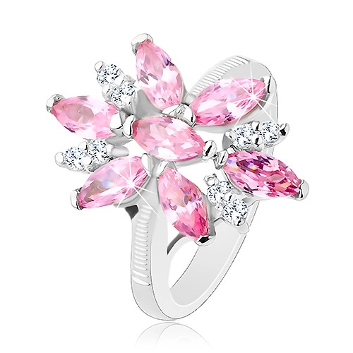 Prsteň v striebornom odtieni, veľký kvet s ružovými a čírymi lupeňmi - Veľkosť: 52 mm