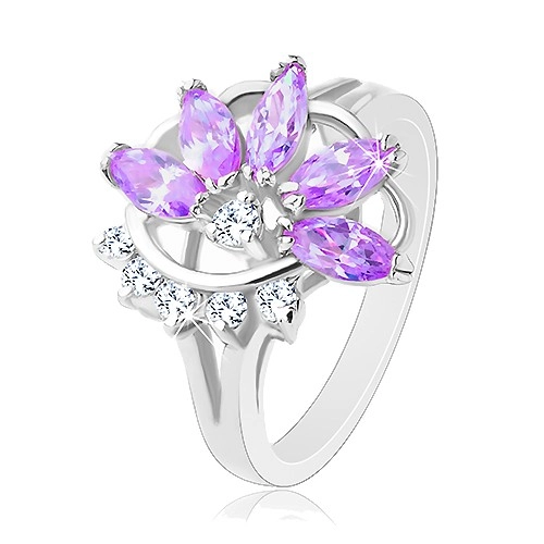 Lesklý prsteň striebornej farby, fialový zirkónový kvet, číre zirkóniky - Veľkosť: 49 mm