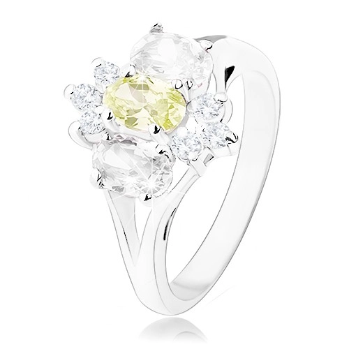 Ligotavý prsteň v striebornom odtieni, rozdelené ramená, žlto-číry kvet - Veľkosť: 57 mm