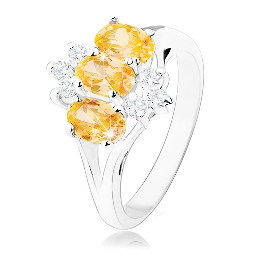 Lesklý prsteň v striebornej farbe, žlté zirkónové ovály, číre zirkóniky - Veľkosť: 59 mm