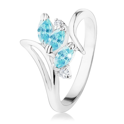 Ligotavý prsteň so zahnutými ramenami, modré brúsené zrnká, číre zirkóniky - Veľkosť: 58 mm