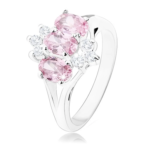 Lesklý prsteň v striebornom odtieni, ružové zirkónové ovály, číre zirkóniky - Veľkosť: 56 mm