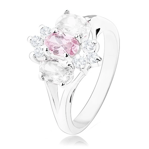 Ligotavý prsteň v striebornom odtieni, rozdelené ramená, ružovo-číry kvet - Veľkosť: 50 mm