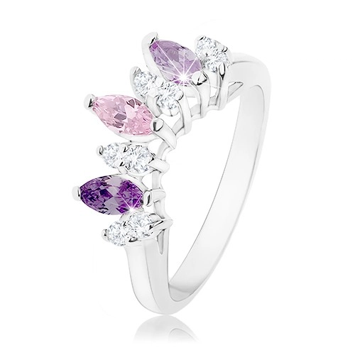 Prsteň striebornej farby, zrnká v odtieňoch fialovej, ružovej a čírej farby - Veľkosť: 52 mm