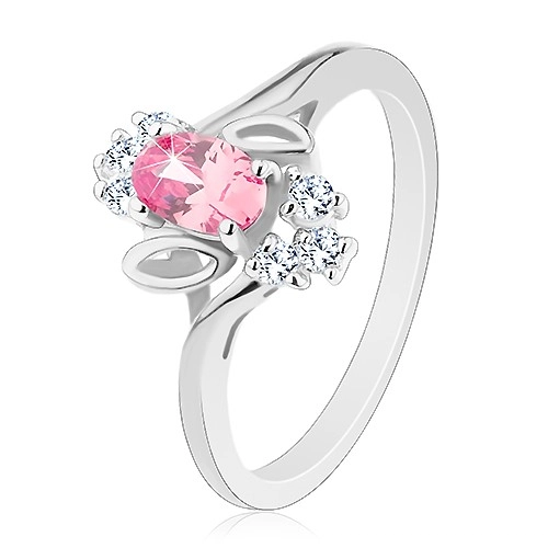 Prsteň v striebornom odtieni, ružový brúsený ovál, lístočky, číre zirkóny - Veľkosť: 56 mm
