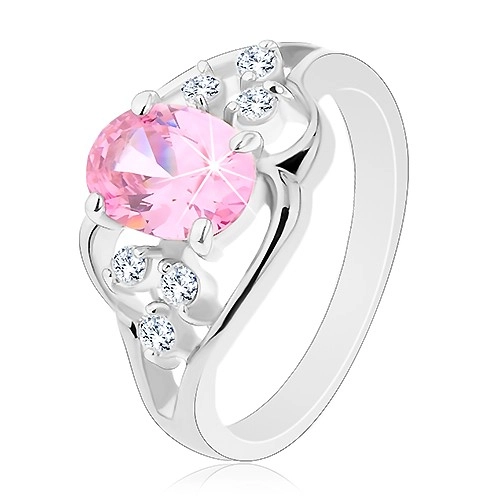 Prsteň v striebornej farbe, asymetrické línie, ružový ovál, číre zirkóny - Veľkosť: 52 mm