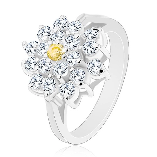 Prsteň v striebornom odtieni, veľký zirkónový kvet čírej farby, žltý stred - Veľkosť: 51 mm