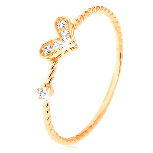 Zlatý prsteň 585, špirálovito zatočené ramená, trblietavé srdiečko, zirkón - Veľkosť: 49 mm
