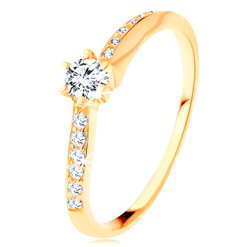 Zlatý prsteň 585 - zvlnené zirkónové ramená, vystupujúci číry zirkón - Veľkosť: 50 mm