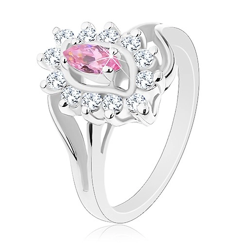 Lesklý prsteň v striebornej farbe, ružové zirkónové zrnko, okrúhle zirkóniky - Veľkosť: 59 mm