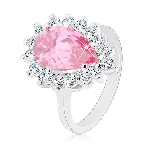 Trblietavý prsteň s úzkymi ramenami, ružová zirkónová slza, okrúhle zirkóniky - Veľkosť: 55 mm