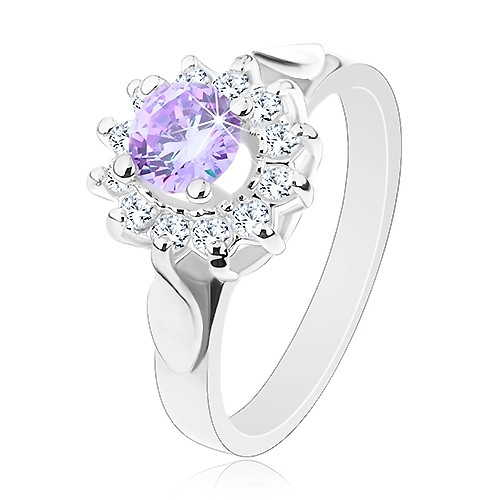 Trblietavý prsteň s lístkami na ramenách, svetlofialový zirkón, číre lupene - Veľkosť: 52 mm