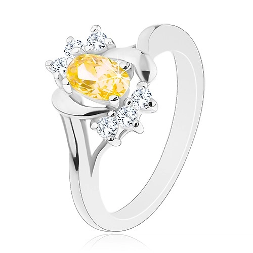 Lesklý prsteň so žltým oválnym zirkónom, strieborná farba, číre zirkóniky - Veľkosť: 57 mm