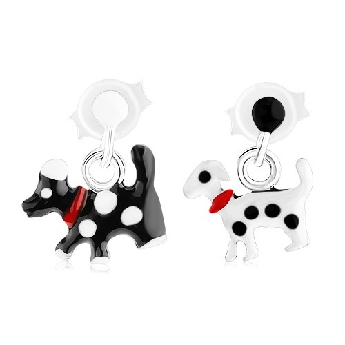 Puzetové strieborné náušnice 925, visiaci psík s bodkami a obojkom - Farba: Čierna