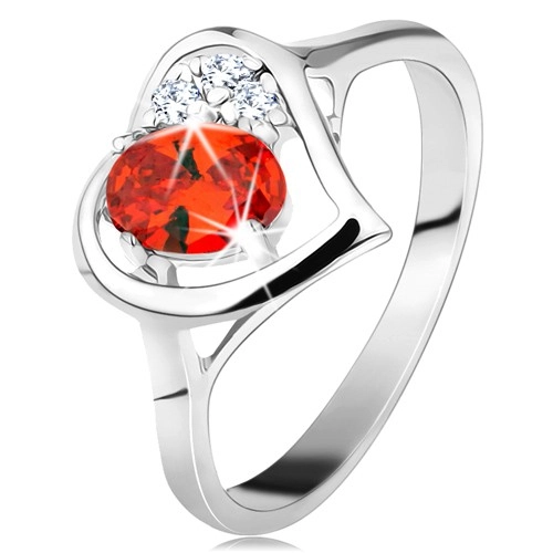 Prsteň v striebornej farbe, kontúra srdca s oranžovým oválom a čírymi zirkónmi - Veľkosť: 57 mm