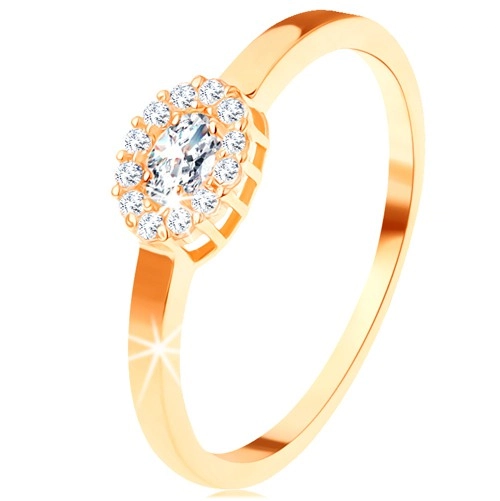 Zlatý prsteň 585 - oválny číry zirkón lemovaný okrúhlymi zirkónikmi - Veľkosť: 48 mm