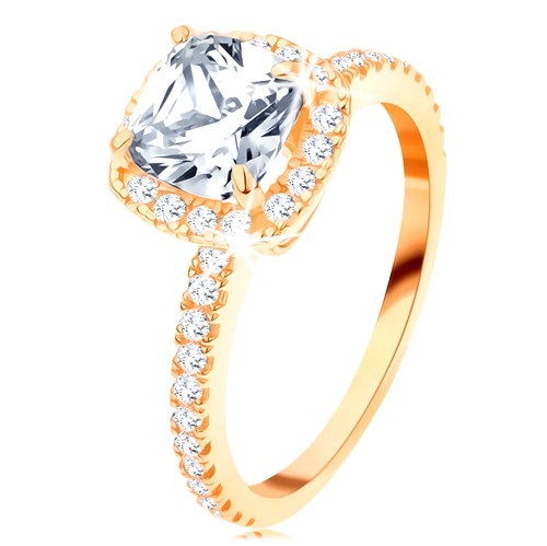 Zlatý prsteň 585 - výrazný štvorcový zirkón v ozdobnom kotlíku, trblietavé línie - Veľkosť: 60 mm