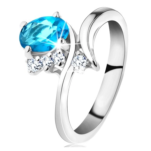 Lesklý prsteň v striebornej farbe, oválny akvamarínový zirkón, úzke ramená - Veľkosť: 59 mm