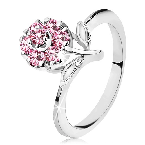 Prsteň s ligotavým zirkónovým kvietkom v ružovej farbe, úzke lesklé ramená - Veľkosť: 59 mm