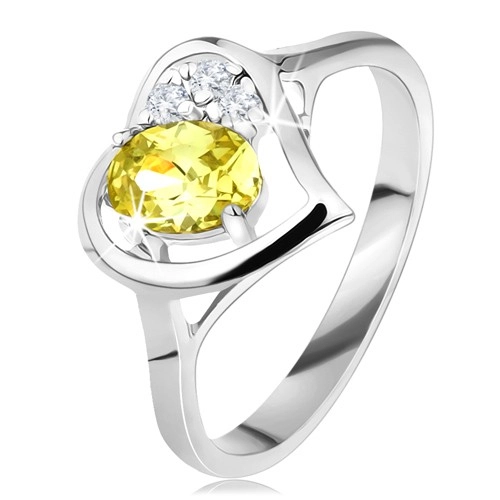 Trblietavý prsteň s obrysom srdca, zelenožltý oválny zirkón, tri číre zirkóniky - Veľkosť: 61 mm