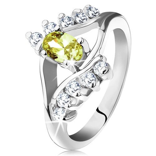 Lesklý prsteň v striebornej farbe, hladké a zirkónové línie, svetlozelený ovál - Veľkosť: 53 mm