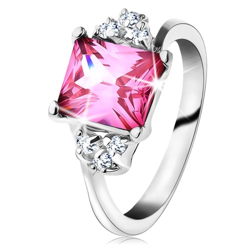 Trblietavý prsteň v striebornom odtieni, obdĺžnikový zirkón v ružovej farbe - Veľkosť: 59 mm